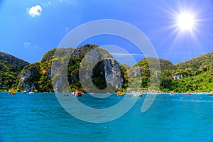 Boats and rocks, Phi Phi Don island, Andaman sea, Krabi, Thailan