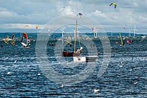 boats sailboats windsurfers sea seagulls sky