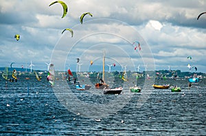 boats sailboats windsurfers sea seagulls sky