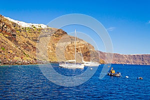 Boats in Santorini Caldera Oia Aegean Sea Cyclades Greece