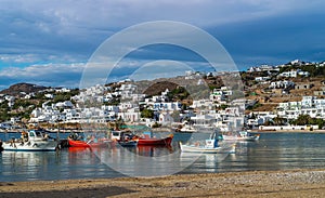 Boats in the sea bay near the town of Mykonos