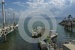 Boats on Sea of Galilee in Tiberias port
