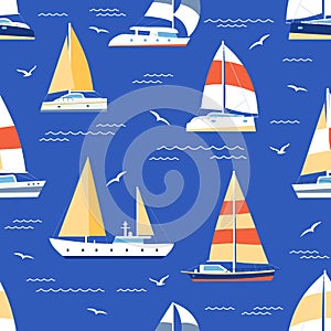 Boats seamless pattern. Summer marine print with sailboats and yacht on sea. Sailing regatta ships travel in blue ocean