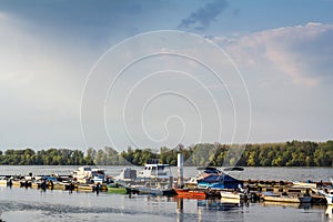 Boats and ships anchored on Zemun quay on the Danube river in Belgrade, Serbia