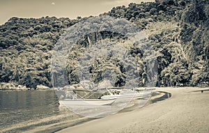 Boats ships Boat Mangrove and Pouso beach Ilha Grande Brazil