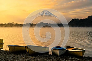 boats at Shoji lake and mt. Fujisan at sunrise
