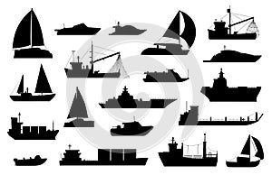 Boats silhouette. Sailboat, barge, fishing and cruise ship, sea yacht, passenger and cargo vessel icons. Nautical