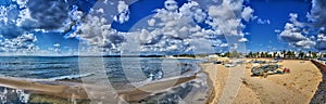 Boats on sunny beach Hammamet, Tunisia, Mediterranean Sea, Africa, HDR Panorama