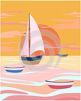 Boats at sunset abstract minimalist vector design