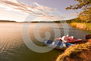 Boats at sunset in the Lagunas de Montebello National Park Chiapas, Mexico photo