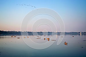 Boats on the Taungthaman Lake in Amarapura, Mandalay Myanmar