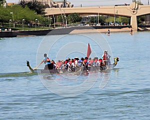Boats on Tempe Town Lake during the Dragon Boat Festival