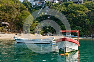 Boats tethered by scenic beach