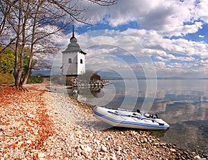 Boats and tower at Liptovska Mara, Slovakia