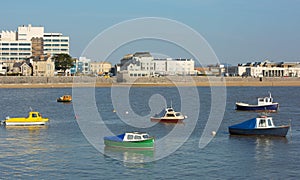 Boats in Weston-super-Mare bay and sea front view