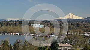 Boats on Willamette River Below Mount Hood Oregon North America