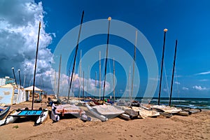 Boats on Xeraco beach Spain between Gandia and Cullera holiday destination