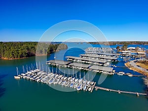 Boats and yachts docked and sailing in the marina on Lake Lanier