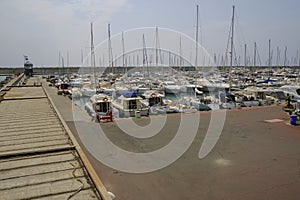 boats and yachts in the harbor of Lavagna, Liguria, Italy on a sunny day
