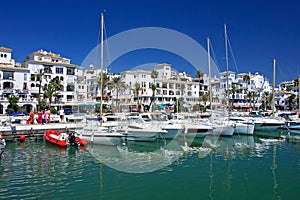 Boats and yachts moored in Duquesa port in Spain on the Costa de