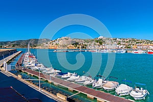 Boats and yachts Peniscola port Spain with blue mediterranean sea and sky