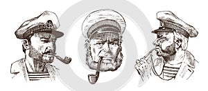 Boatswain with pipe. Portrait of a sea captain, Marine old sailor or bluejacket, whistle and seaman with beard or men