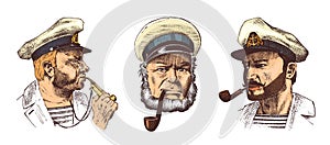 Boatswain with pipe. Portrait of a sea captain, Marine old sailor or bluejacket, whistle and seaman with beard or men