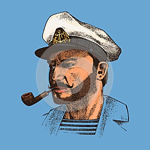 Boatswain with pipe. sea captain, marine old sailor or bluejacket, seaman with beard or men seafarer. travel by ship or