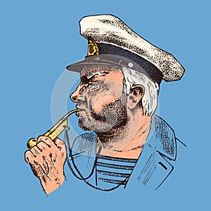 Boatswain with pipe. sea captain, marine old sailor or bluejacket, whistle and seaman with beard or men seafarer. travel