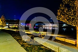 Bob Kerrey bridge Omaha, Missouri River and Tom Hanafan plaza Council Bluffs Iowa at night