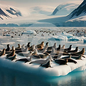 A bob of seals recline on an arctic ice shelf, forever vigilant