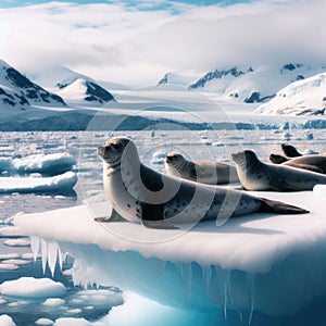 A bob of seals recline on an arctic ice shelf, forever vigilant