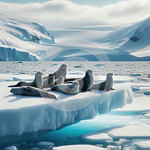 A bob of seals recline on an arctic ice shelf, forever vigilant