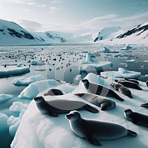 A bob of seals recline on an arctic ice shelf, forever vigilant