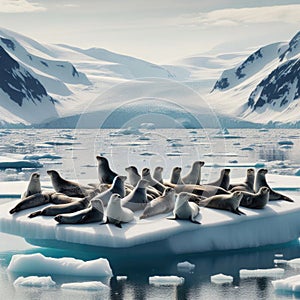 A bob of seals recline on an arctic ice shelf, forever vigilant