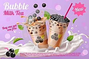 Boba drink. Bubble milk tea with tapioca pearls, asian beverage ad, delicious commercial advertising. Cold summer sweet