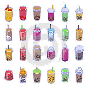 Boba icons set isometric vector. Bubble cup