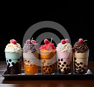 Boba milkshakes featuring tapioca balls, flavored syrup, and an ice-cream on the top