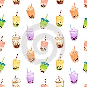 Boba pattern. Seamless background with bubble milk tea. Repeating print of tapioca pearl drink in cups. Endless backdrop