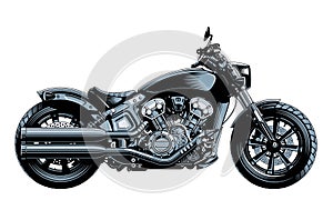 Bobber or chopper motorcycle, side view, isolated on white background. Monochrome hi-detailed vector illustration