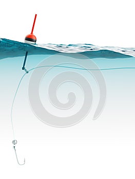 Bobber with fishing line and hook under water