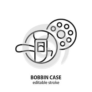 Bobbin case for sewing machine with spool line icon. Tailor equipment outline symbol. Editable stroke. Vector illustration