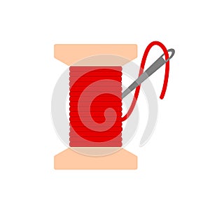 Bobbin with red needle thread icon flat. vector illustration