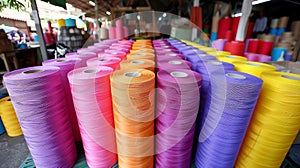 Bobbins with colored thread for industrial textile machines.