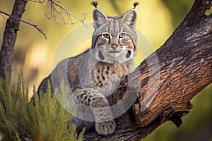 bobcat crouching on tree branch, surveying its territory