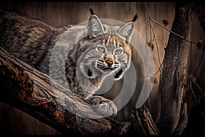 bobcat crouching on tree branch, surveying its territory