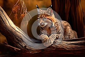 bobcat crouching on tree branch, surveying its territory