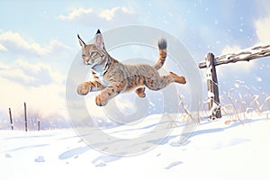 a bobcat leaping over a drift on a snowbound trail