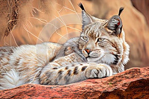 bobcat lying on its belly, surveying the landscape