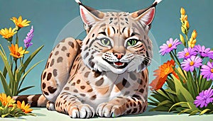 Bobcat Lynx feline cat rufus resting flowers art design